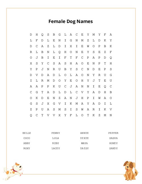 Female Dog Names Word Search Puzzle