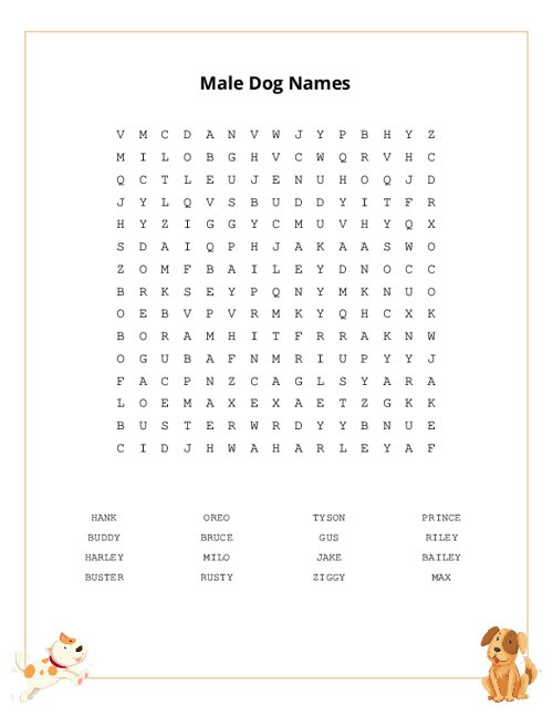 Male Dog Names Word Search Puzzle