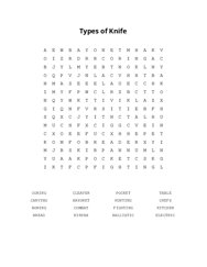 Types of Knife Word Search Puzzle