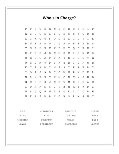 Who's in Charge? Word Search Puzzle