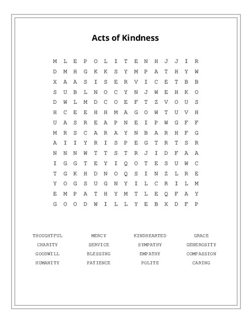 Acts of Kindness Word Search Puzzle