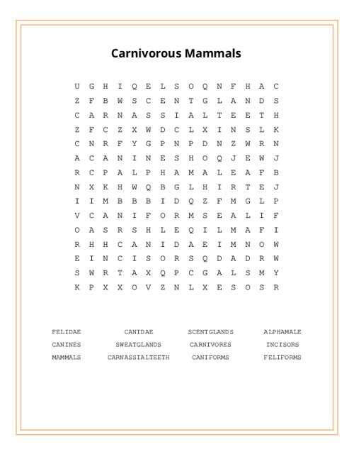 Carnivorous Mammals Word Search Puzzle