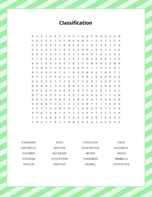 Classification Word Search Puzzle