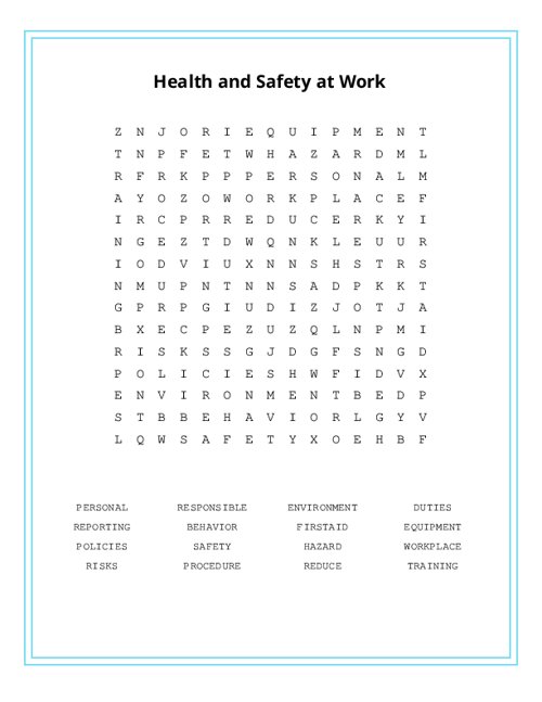 Health and Safety at Work Word Search Puzzle
