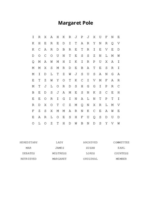 Margaret Pole Word Search Puzzle