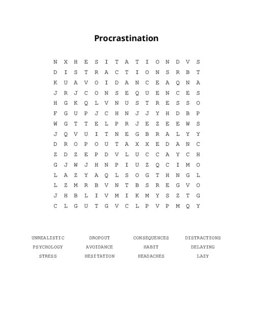 Procrastination Word Search Puzzle