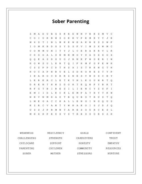 Sober Parenting Word Search Puzzle