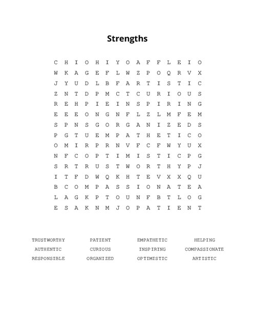 Strengths Word Search Puzzle