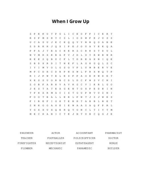 When I Grow Up Word Search Puzzle