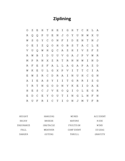 Ziplining Word Search Puzzle