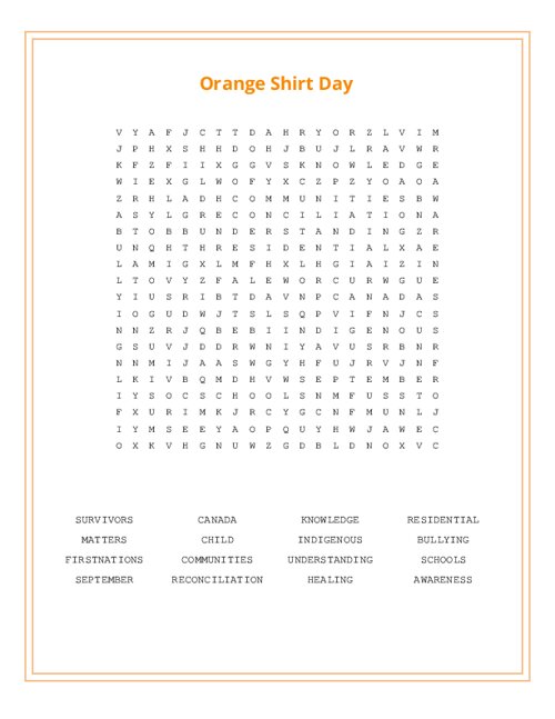 Orange Shirt Day Word Search Puzzle