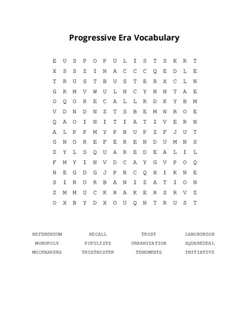 Progressive Era Vocabulary Word Search Puzzle