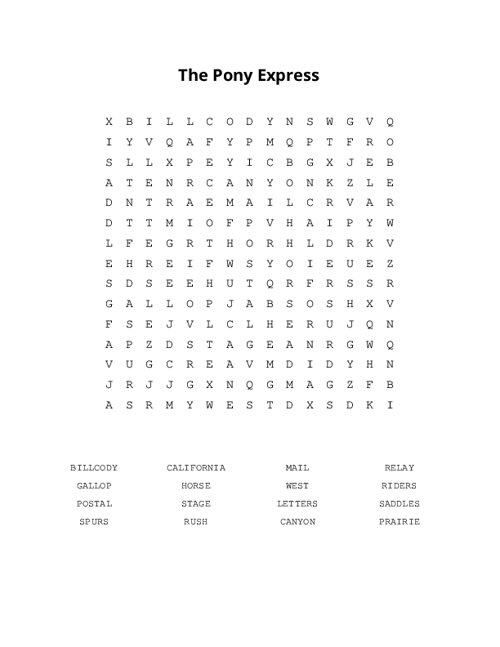 The Pony Express Word Search Puzzle