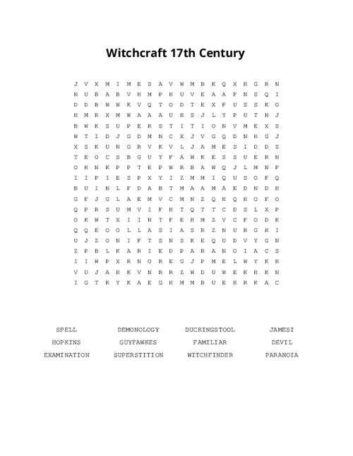 Witchcraft 17th Century Word Search