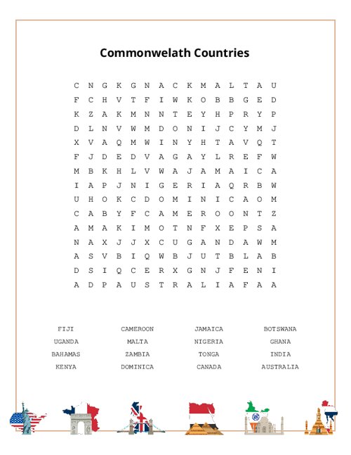Commonwelath Countries Word Search Puzzle
