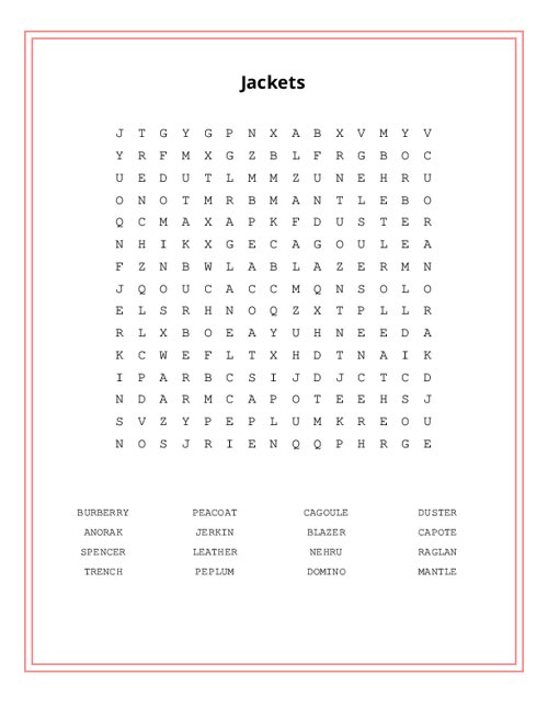 Jackets Word Search Puzzle