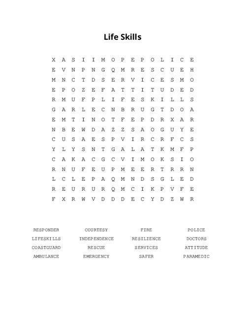 Life Skills Word Search Puzzle