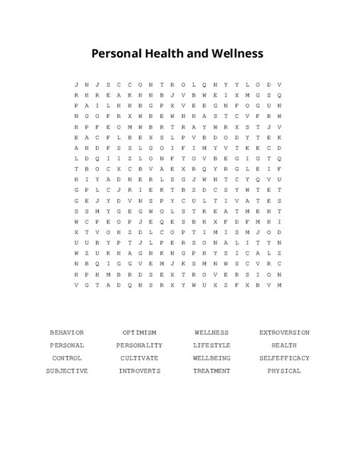 Personal Health and Wellness Word Search Puzzle