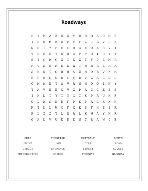Roadways Word Search Puzzle