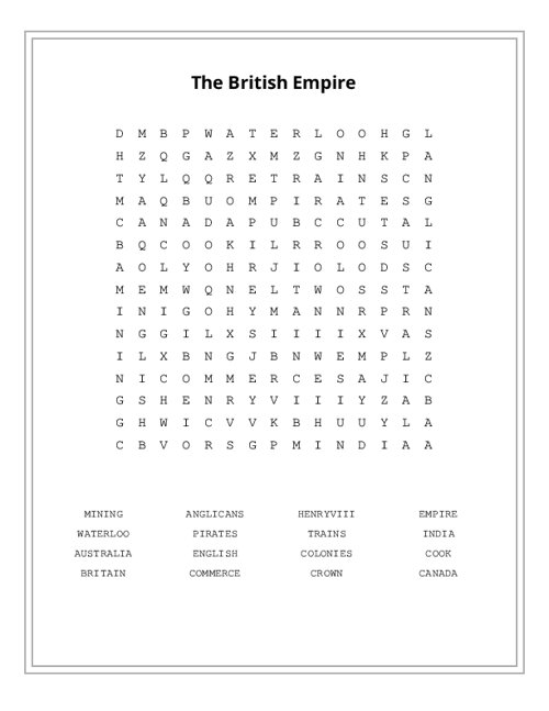 The British Empire Word Search Puzzle