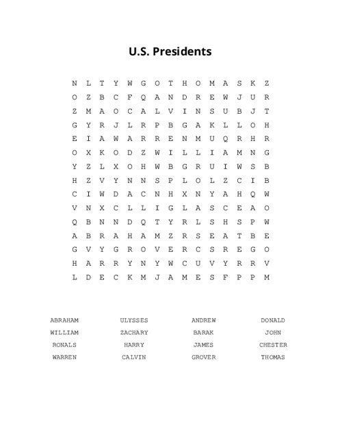 U.S. Presidents Word Search Puzzle