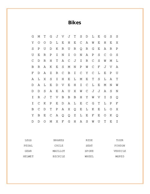 Bikes Word Search Puzzle