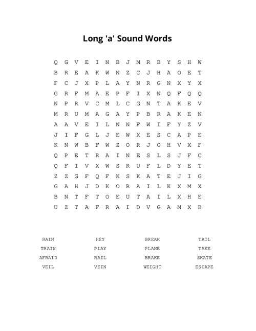 Long 'a' Sound Words Word Search Puzzle