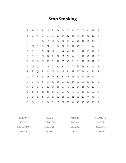 Stop Smoking Word Search Puzzle