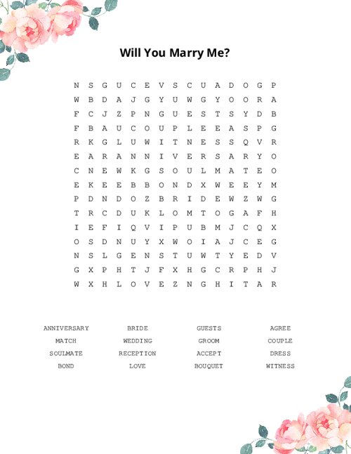 Will You Marry Me? Word Search Puzzle
