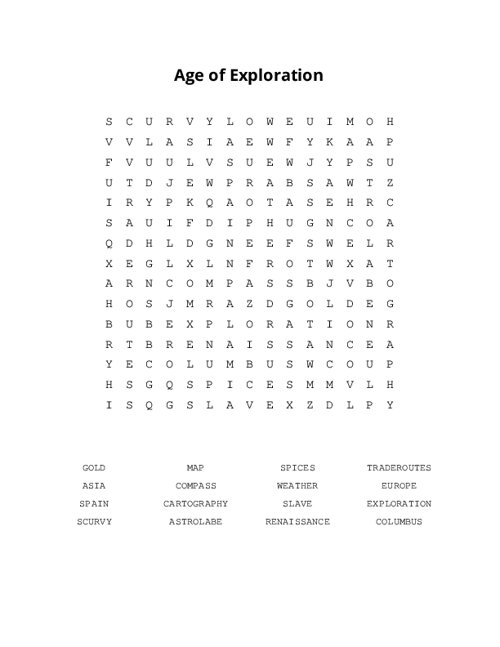 Age of Exploration Word Search Puzzle