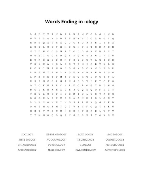 Words Ending in -ology Word Search Puzzle