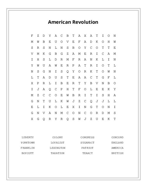 American Revolution Word Search Puzzle