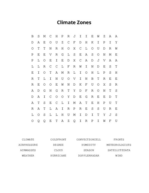 Climate Zones Word Search Puzzle