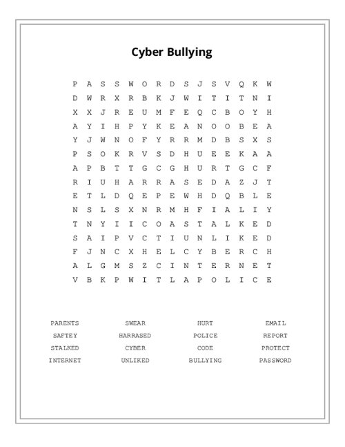 Cyber Bullying Word Search Puzzle