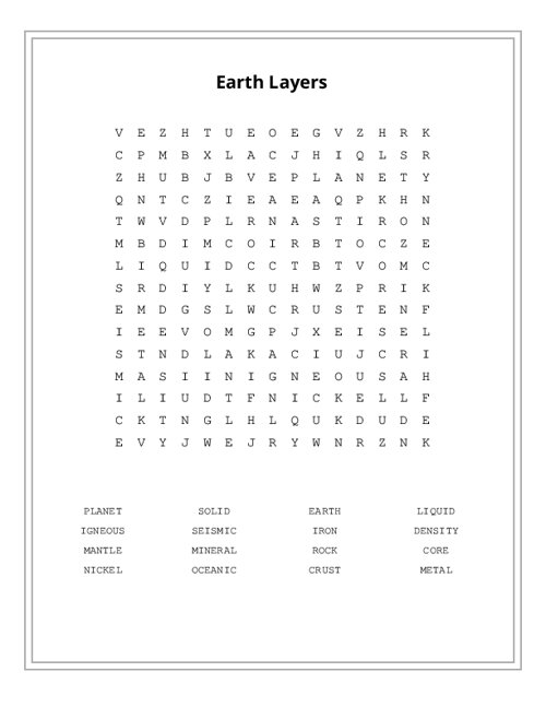 Earth Layers Word Search Puzzle