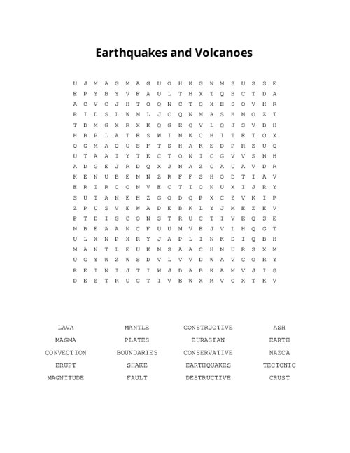Earthquakes and Volcanoes Word Search Puzzle