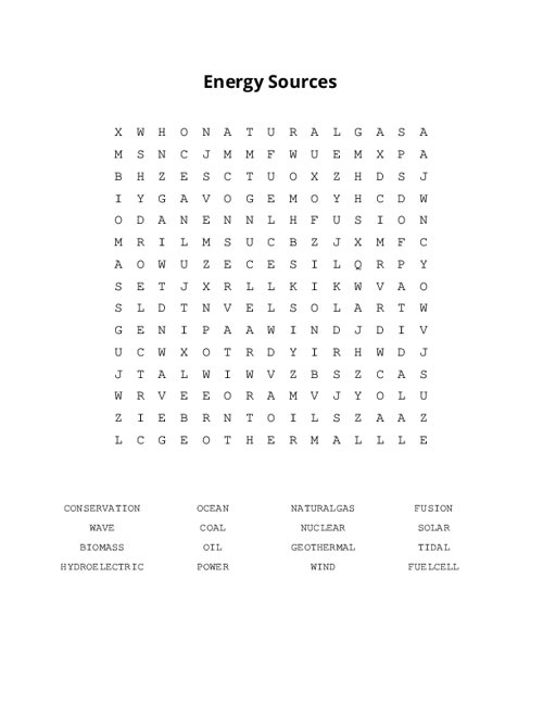 Energy Sources Word Search Puzzle