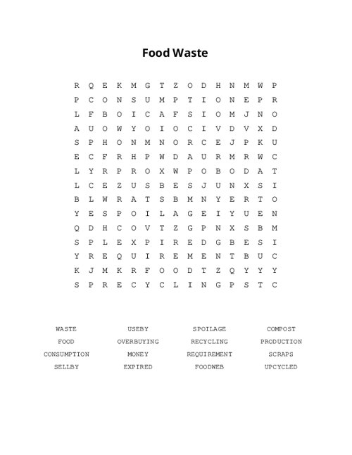 Food Waste Word Search Puzzle