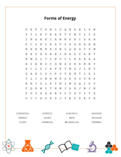 Forms of Energy Word Search Puzzle