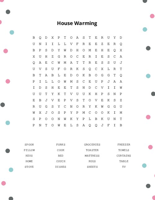 House Warming Word Search Puzzle