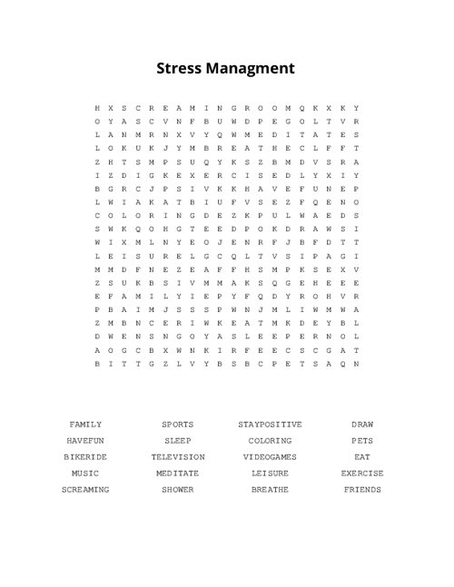 Stress Managment Word Search Puzzle