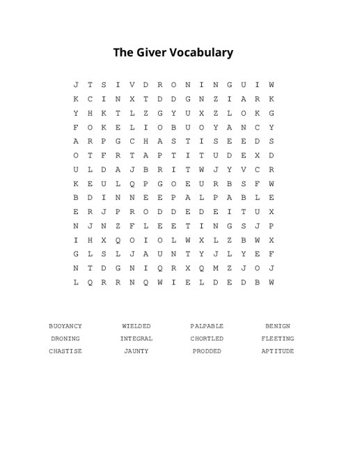The Giver Vocabulary Word Search Puzzle