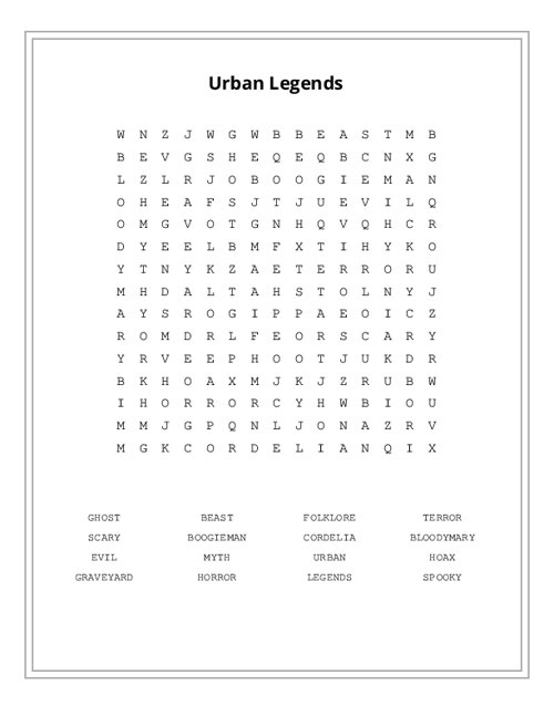 Urban Legends Word Search Puzzle