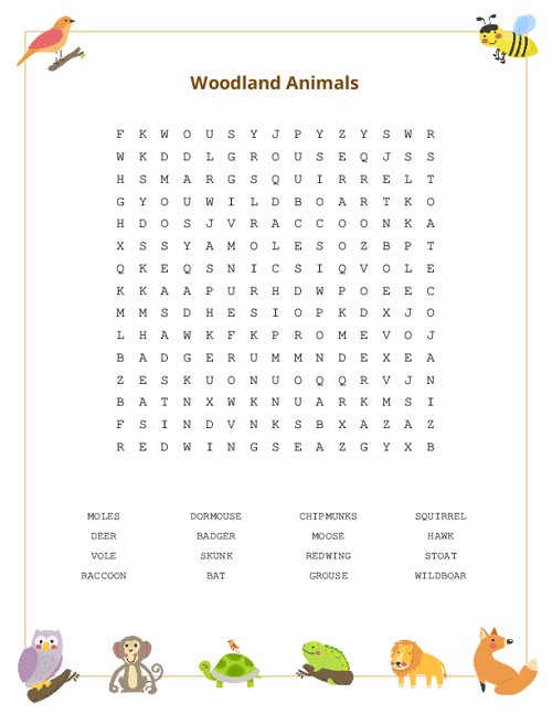 Woodland Animals Word Search Puzzle