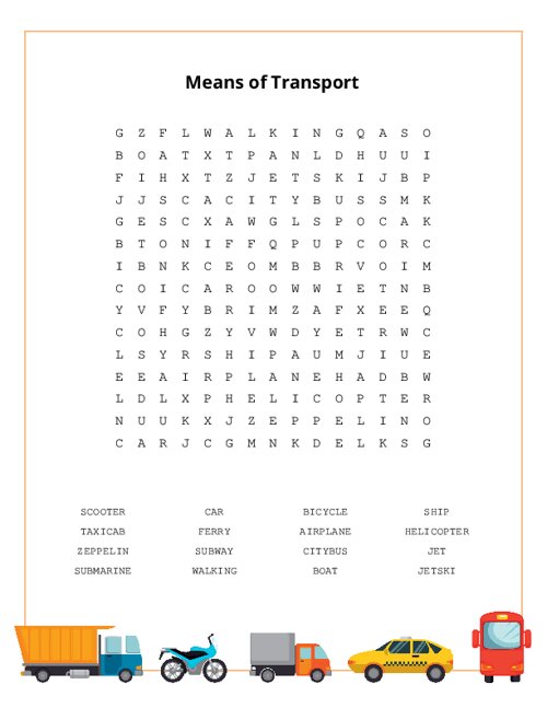 Means of Transport Word Search Puzzle