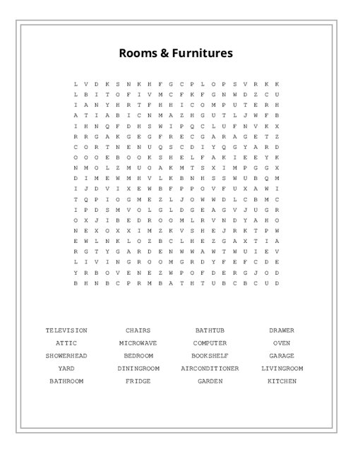 Rooms & Furnitures Word Search Puzzle