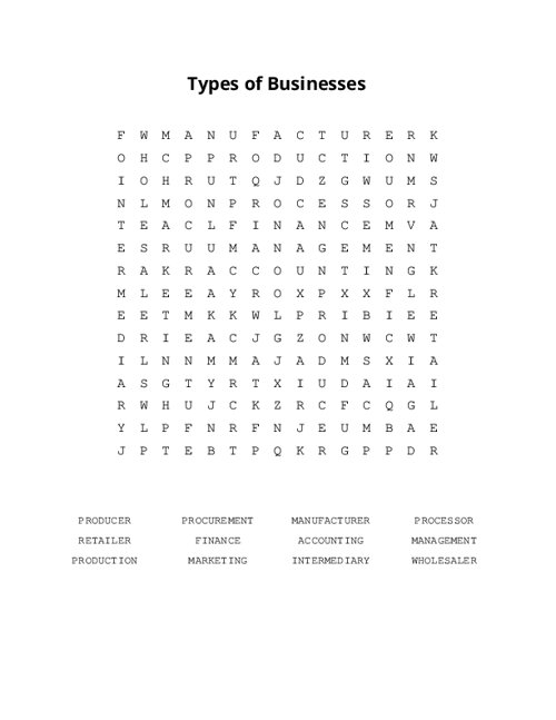 Types of Businesses Word Search Puzzle