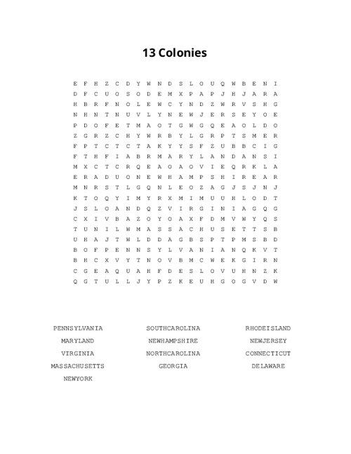 13 Colonies Word Search Puzzle
