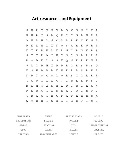 Art resources and Equipment Word Search Puzzle