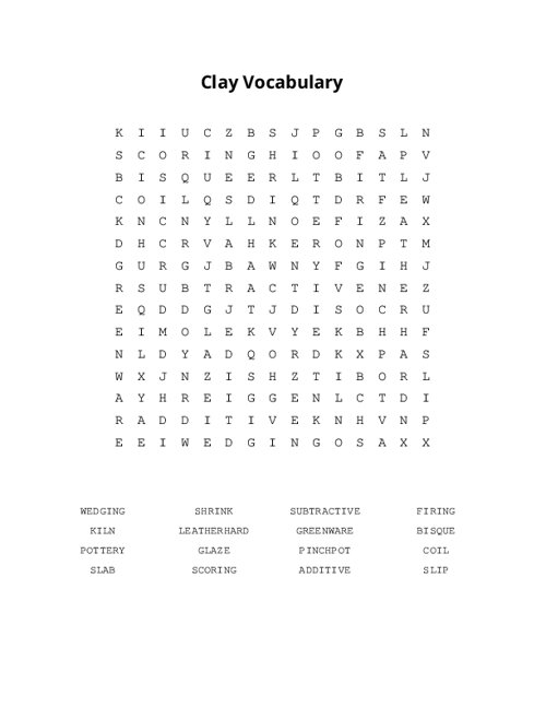 Clay Vocabulary Word Search Puzzle